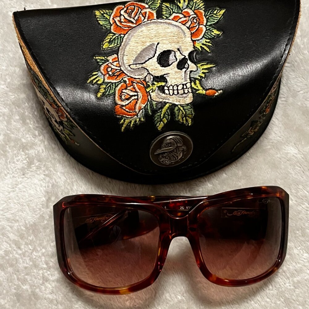 RARE/ED HARDY TATTOO Sunglasses Black Skull & Roses EHS001 Crystals W/Case - Picture 4 of 16